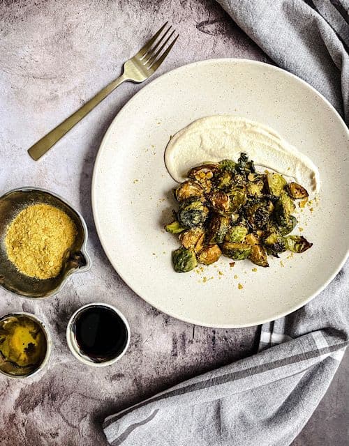 Crispy Brussels Sprouts with Garlic Cream